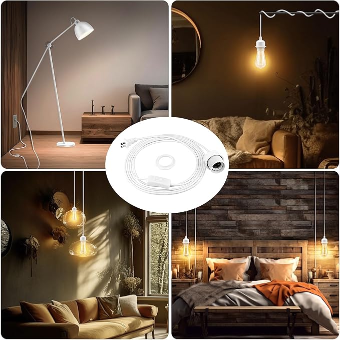 3Pack Plug in Hanging Light Kit, E26/E27 Vintage Hanging Lights with Plug in Cord, Retro Pendant Light Kit, 12FT Cord with On/Off Switch, Pendant Light Cord for Hanging Light(White)