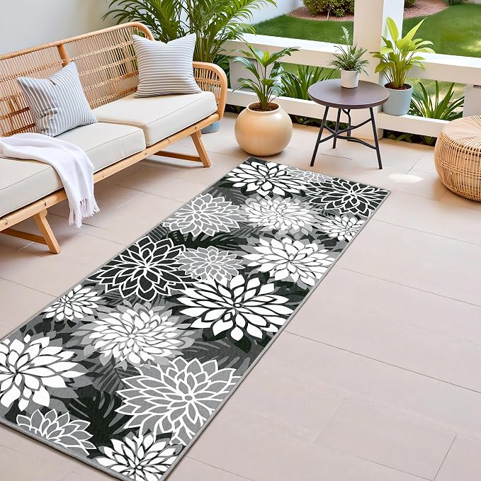 2x6 Washable Runner Rug for Hallway Tropical Botanical Modern Floral Chenille Kitchen Rugs Low Pile Non Slip Carpet for Patio, Bedroom, Laundry, Black