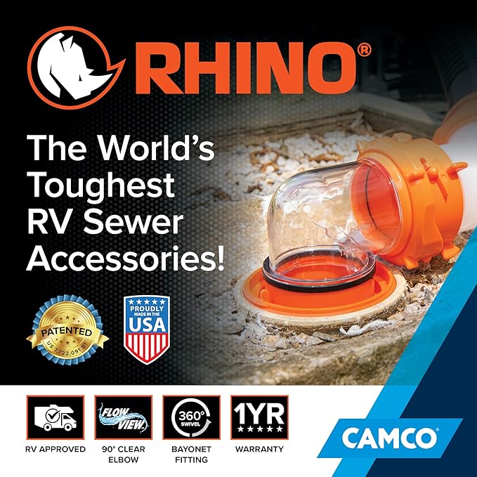 Camco RhinoFlex Clear RV Sewer Hose Elbow with 4-in-1 Adapter - Features a 360-Degree Fitting Rotation and Built-in Gasket for Odor-Tight Protection - Fits 4 Sizes of Dump Station Inlets (39736)