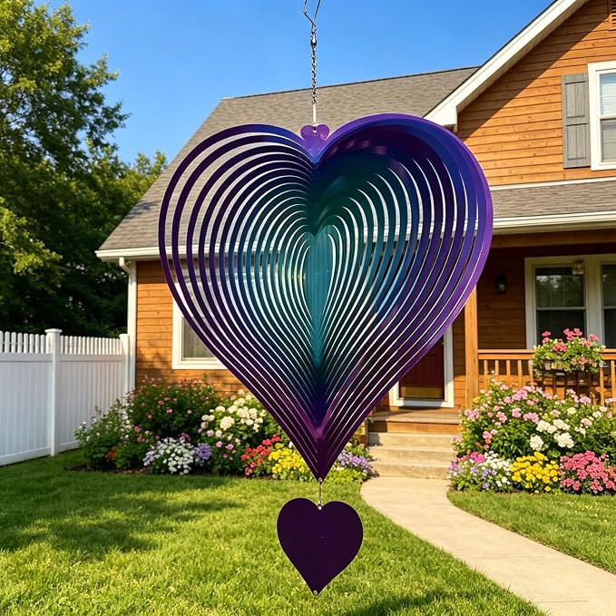 DJUAN 15in Large Heart Wind Spinner Garden Decor,Gifts for Women,Mom and Grandma,Mother's Day,Birthdays, Purple-Green Stainless Steel Hanging Yard Art Outdoor & Indoor Decorations