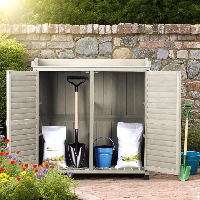 Outdoor Storage Cabinet & Potting Bench Table with Metal Work Top & Vented Louvered Doors, Wooden Patio Furniture, Garden Workstation (Accent Grey, 36x31x17in)