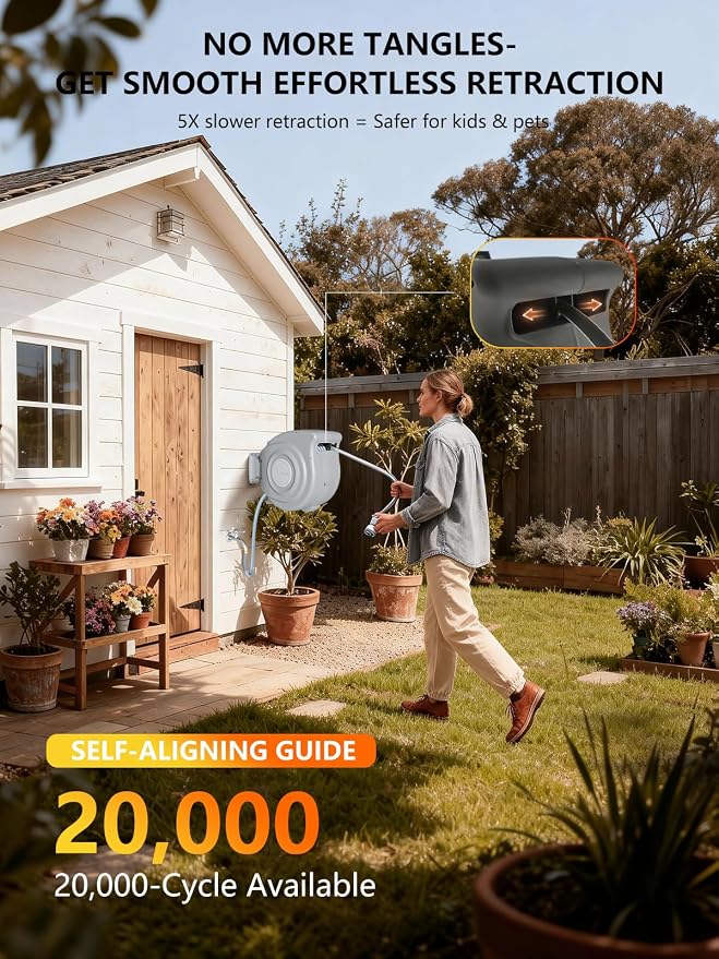 Retractable Garden Hose Reel 1/2 in x 100 ft Heavy Duty Automatic Water Hose Reel with 10-Function Sprayer Nozzle Kink-Free Auto Rewind Any-Length Lock 180° Swivel UV Resistant - Light Gray