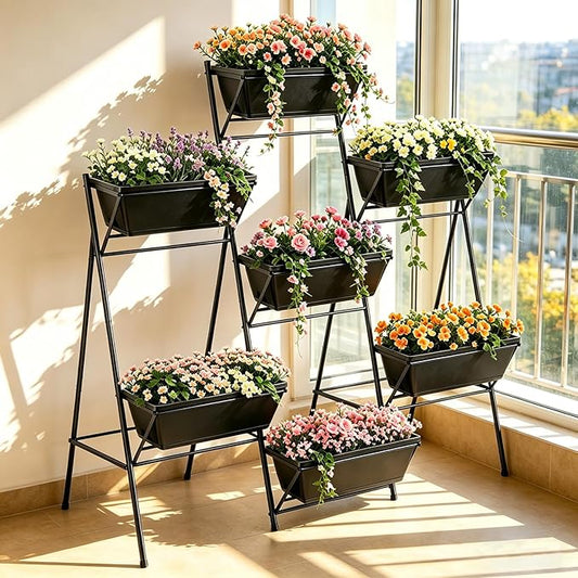 Raised Garden Bed Tiered Vertical Garden Planters Outdoor 7 Planter Boxes with Legs Indoor Elevated Herbs Flowers Vegetables Garden Box for Backyard Patio Balcony, Black