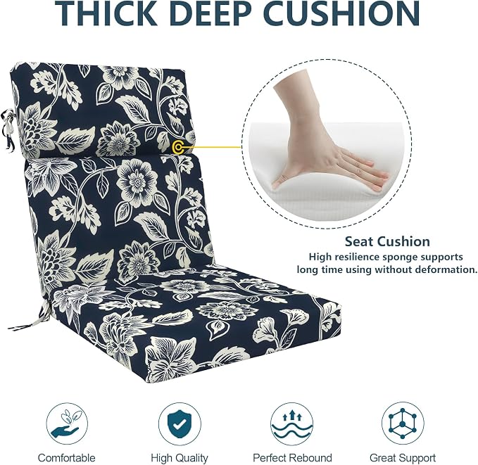 DYTXIII Outdoor High Back Chair Cushions Set of 2, 44"x22" Water Repellent Patio Seat Cushions with Elastic Sponge, All Weather Chair Pads for Rocking, Dining Chairs, Patio Furniture - Vines Navy