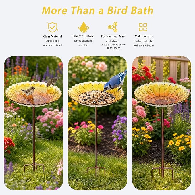 MUMTOP Glass Bird Bath, Garden Outdoor Birdbaths Birdfeeder with Metal Stake, Yellow