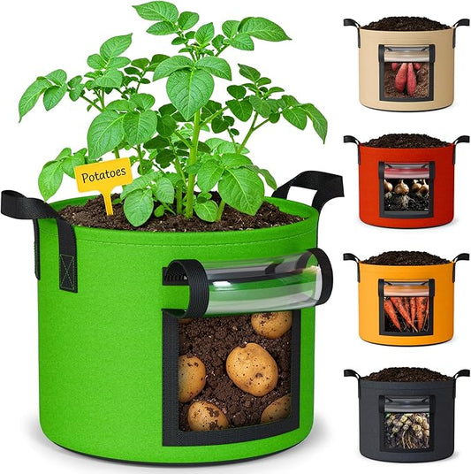 15 Gallon Potato Grow Bags: Set of 5 Colorful Gardening Supplies Fabric Pots with Harvest Window Reinforced Handles - Planting Container for Vegetable Tomatoes Carrot Flowers Balcony Patio Use