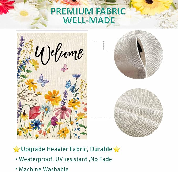 Baccessor Spring Summer Garden Flag Welcome Floral Leaves Double Sided Yard Flag Heavy Duty Seasonal Flowers Butterfly Outdoor Outside Patio Decoration 12.5x18 Inch