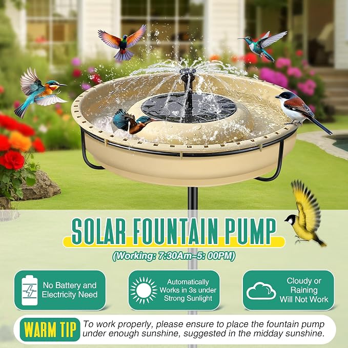 15.7 Extra Large Solar Powered Bird Bath with Fountain with 1.67 Gallon Capacity,5 Prong Stake Bird Bath for Outdoor,Hummingbird Drinking Bowl with Solar Fountain Pump Set,4 Water Patterns for Garden
