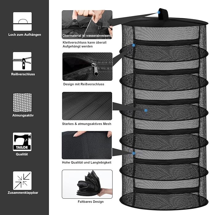 Desy & Feeci Drying Net Herbs 6-Layer Hanging Herbs Drying Rack Drying Net with Zips, Black, 60 x 120 cm