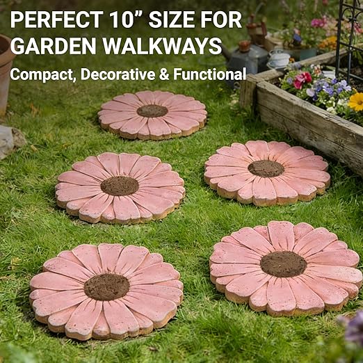 Heavy Duty Concrete Stepping Stone 10 Inch Daisy Design, Non Slip Garden Pathway Stone for Outdoor Walkway Yard Patio Lawn (Pink)