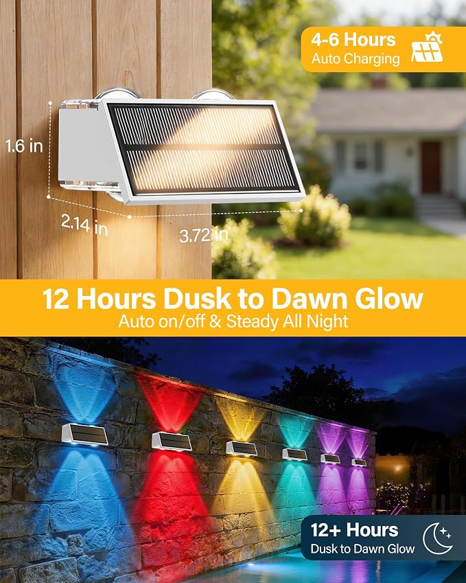 Solar Fence Lights Outdoor, 2 Pack 100LM Fence Lights Solar Powered, 9 Color Modes, Up and Down LED Focused Beam, 12H Dusk to Dawn Glow for Pool/Patio/Wall/Backyard - White