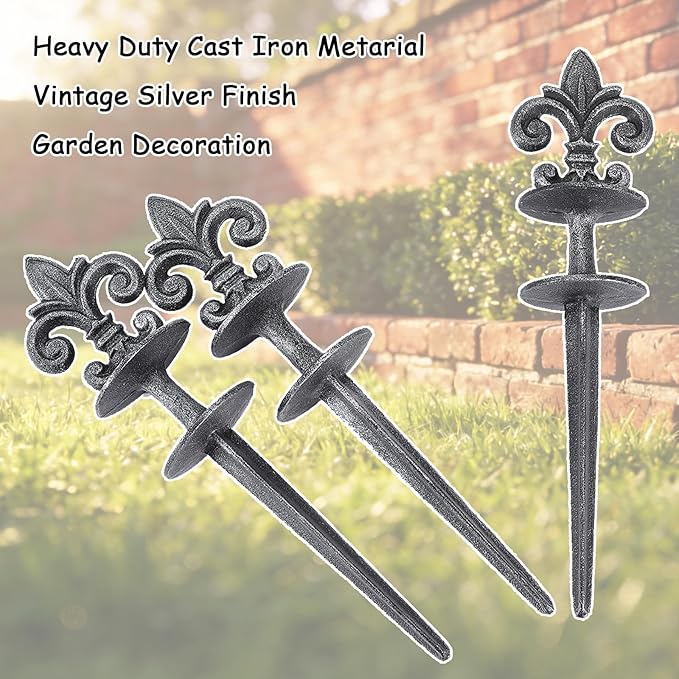 3 Pcs Decorative Hose Guide Stakes, Vintage Sliver Cast Iron Hose Guides for Lawn Garden Decor & Plant Protection