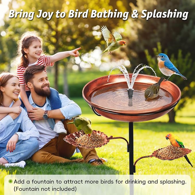 DRQ 35'' Metal Bird Bath for Outside, 12'' Dia × 2'' Deep Birdbath Bowl, Bird Feeder with 6.5'' 5-Pronged Base for Garden Decor, Patio, Yard, Lawn, Father's Day – Vintage Brown