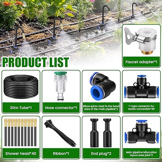 SiliFine 150 Pcs 98 ft 3/8" Greenhouse Drip Irrigation Kit with 40 Brass 360° Adjustable Nozzles and Faucet Adapter Install Adapters for Plants Lawns Gardens