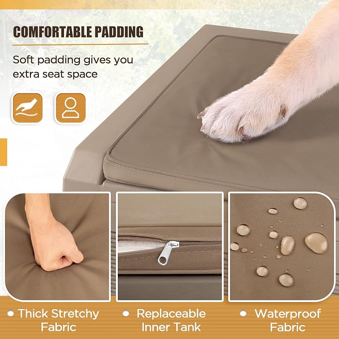 Devoko 100 Gallon Waterproof Large Resin Deck Box Outdoor Storage Box Indoor Lockable Storage Container with Cushion for Patio Furniture Garden Pool Cushions (Light Brown)