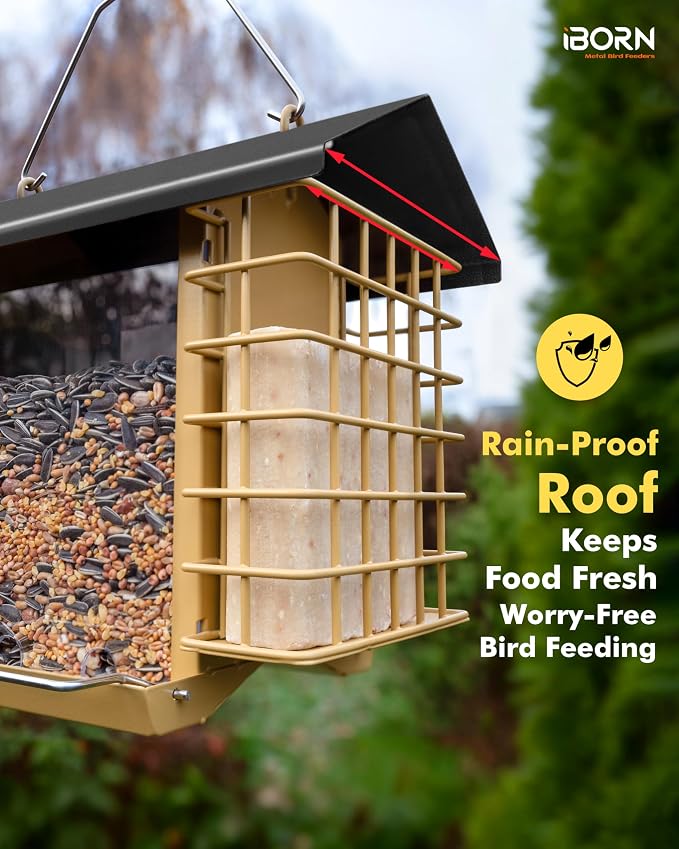 iBorn Bird Feeders for Outdoors,Bird Feeder with Double Suet Holders,Suet Feeder for Outside,Weatherproof Metal Roof,Easy to Refill&Clean,3.2 LBs Seed Capacity+2X Cakes,1 Pack,Black Roof & Yellow Grid