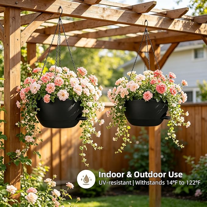 2 Pack 12" Self Watering Hanging Planters, Black with Chains | Plastic hanging baskets with 43 Oz removable reservoir, for indoor outdoor plants, patio porch garden balcony decor