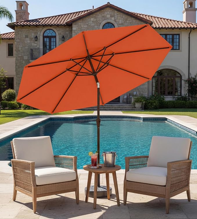 9FT Auto-Tilt Patio Umbrella|Outdoor Market Table Umbrella with 8 Fiberglass Ribs for Pool,Deck&Backyard
