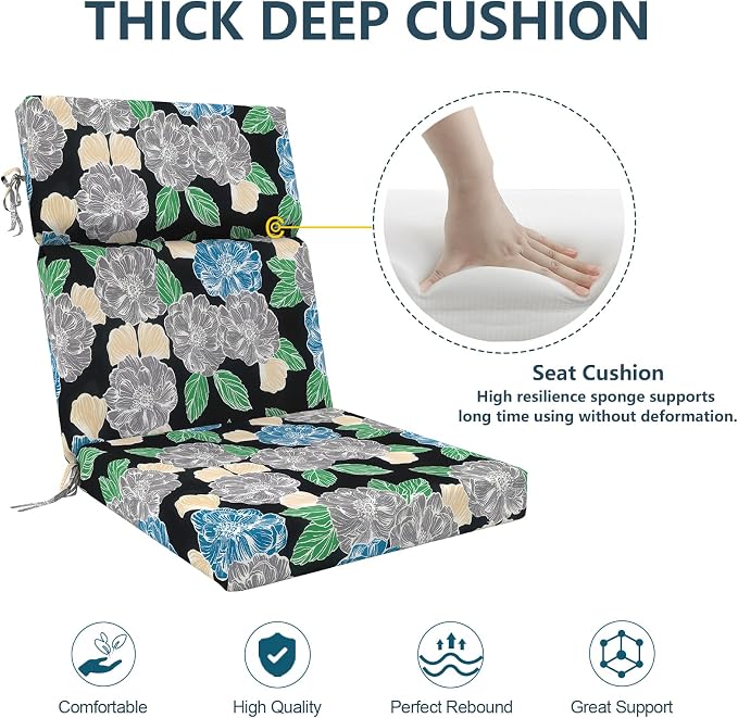 DYTXIII Outdoor High Back Chair Cushions Set of 2, 44"x22" Water Repellent Patio Seat Cushions with Elastic Sponge, All Weather Chair Pads for Rocking, Dining Chairs, Patio Furniture - Peony Garden