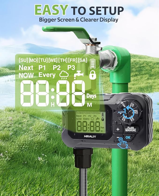 HIRALIY Water Timer for Garden Hose, Programmable Sprinkler Timer Outdoor, for Irrigation System Garden Watering, Rain Delay/Manual Mode, Brass Connector, IP65 Waterproof