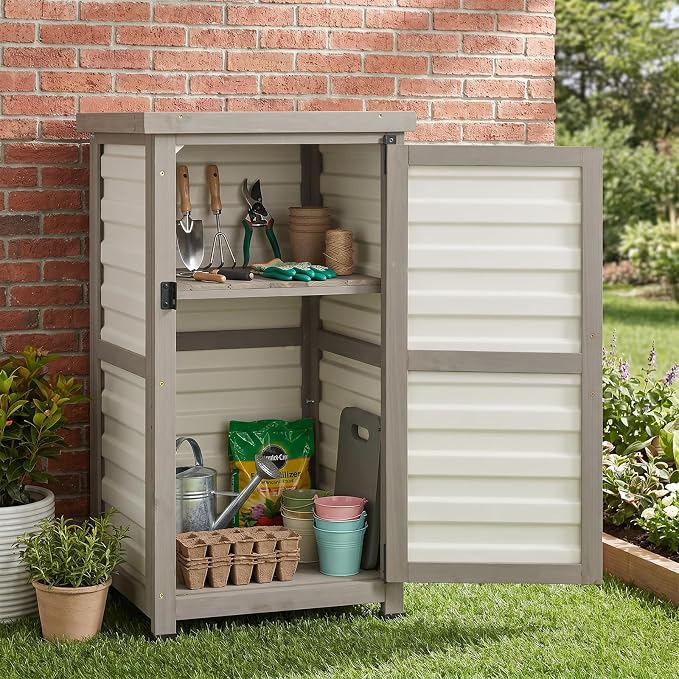 Small Outdoor Storage Cabinet with Metal Top, 2-Tier Patio Potting Bench & Garden Tool Organizer, Adjustable Shelf Corner Storage Cabinet for Balcony Backyard Porch
