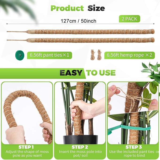 2 Pack Monstera Plant Support 50 Inch Moss Pole Bendable Monstera Support Tall Handmade Moss Poles for Climbing Plants DIY Aluminum Plant Support Stakes Indoor Grow Upwards Coco Coir Plant Stick Kit