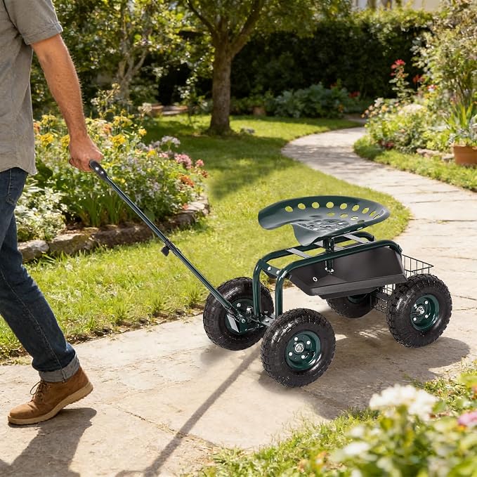 kinbor Rolling Garden Scooter Garden Cart Seat with Wheels and Tool Tray, 360 Swivel Seat, Green