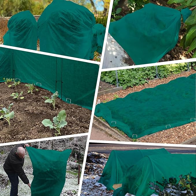 Plant Covers Freeze Protection, 10ft x 50ft 1.41 oz/yd² Frost Cloth Plant Blankets Floating Row Covers with 35 Stainless Steel Clips for Winter Plants Gardens Frost/Sun Pests Protection, Dark Green