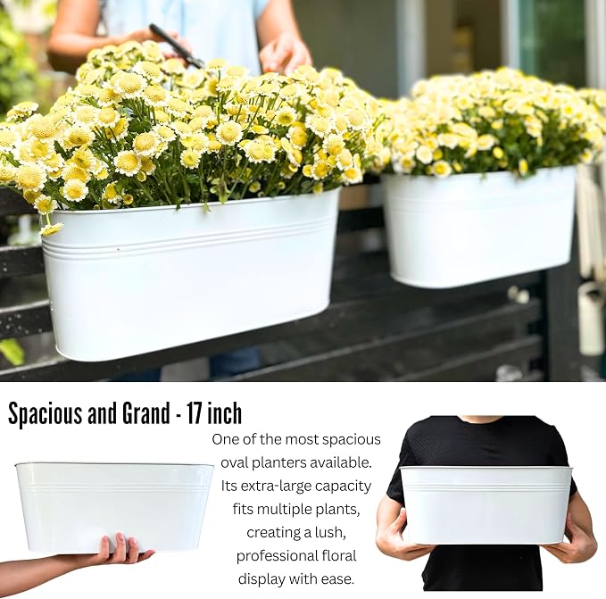 LaLaGreen Planter Boxes for Outdoor (4 Pack, 17 Inch) White Metal Deck Railing Hanging Flower Pots, Large Window Box Plant Holder Hooks Fence Rail Buckets Herb Boho Style Wall Mount Porch Garden Decor