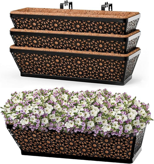 Halatool 4 Pack 30 Inch Window Box with Coco Liner Sturdy Metal Deck Railing Planter with Coconut Coir Basket Liners for Windowsill Fence Porch Balcony and Patio Outdoor Indoor Lawn