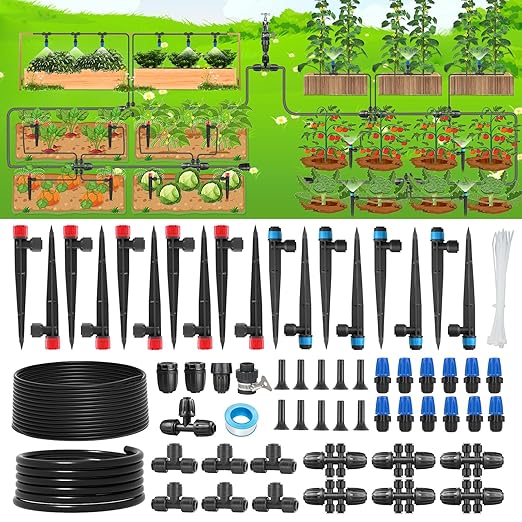 243FT Drip Irrigation Kit, Drip Irrigation System with 1/2'' Hose1/4 Drip Irrigation Tubing, 2026New Quick-Connect, Three Adjustable Nozzle Types for Garden Greenhouse Flower Bed Patio Lawn