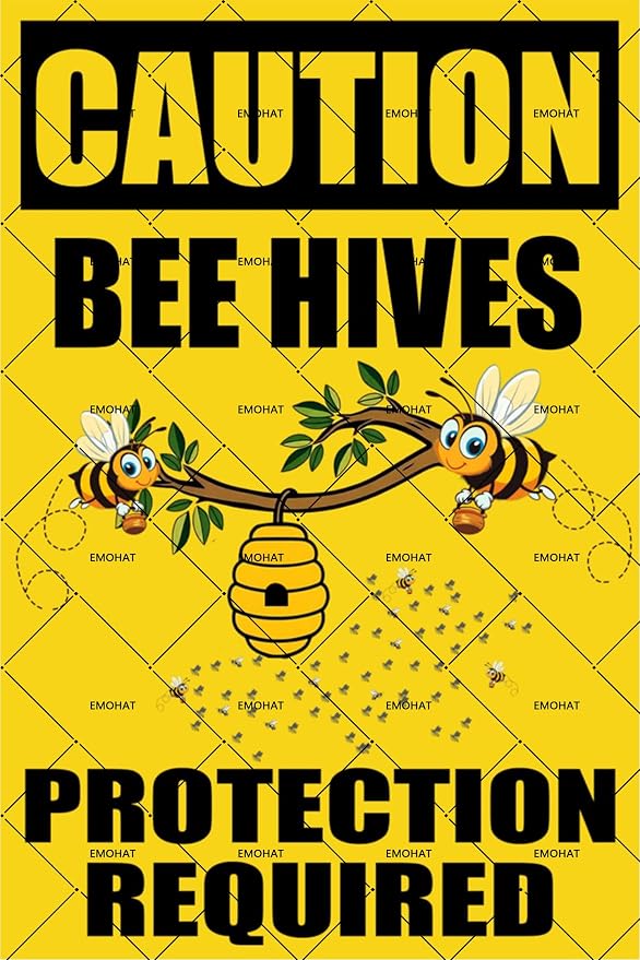 EMOHAT Caution Bee Hives Protection Required Metal Tin Sign, Beekeeping Apiary Warning Sign, 16x12 Inch Rustic Outdoor Theme Decor for Shed Garden Home Office