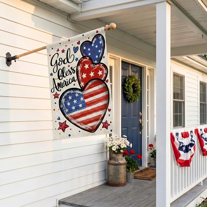 CROWNED BEAUTY 4th of July Patriotic Hearts House Flag Large 28x40 Inch Double Sided God Bless America for Independence Day Outside Yard Decor