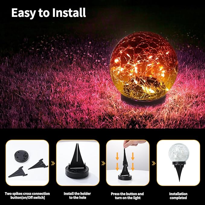 JKIMK Solar Globe Lights Outdoor Waterproof - Cracked Glass Ball Lights for Garden, Patio, Yard, Lawn and Backyard Decor - Decorative Orbs for Outside
