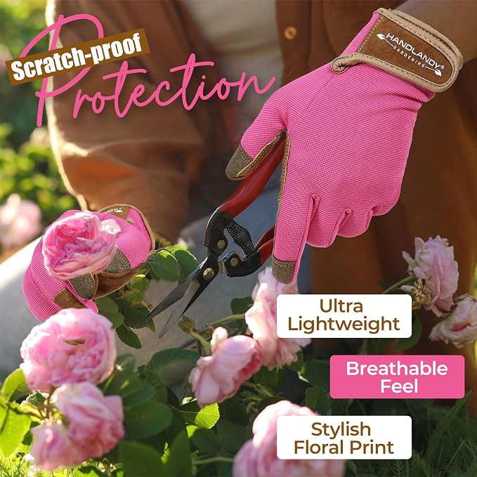 HANDLANDY Gardening Gloves for Women, Breathable Ladies Leather Garden Yard Gloves Best Gift for Gardeners