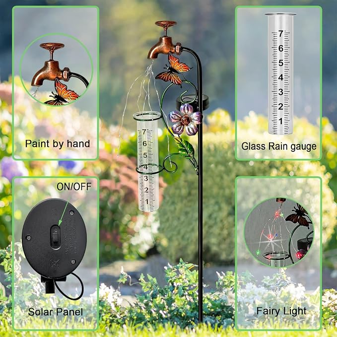 Rain Gauge Outdoor, Decorative Rain Gauge Garden Stake with Butterfly and Flower Design, Copper Faucet Style, Metal Garden Decor for Yard,Garden,Lawn, Pathway, 7" Glass Tube
