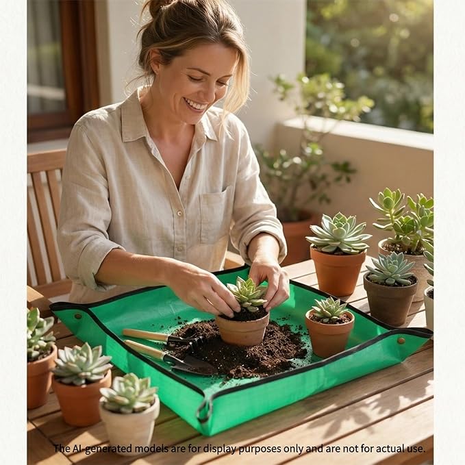 Repotting Mat for Indoor Plants, Green, Thickened PE, 26.8x26.8 Inch, Waterproof Portable Potting Tray for Transplanting and Dirt Control