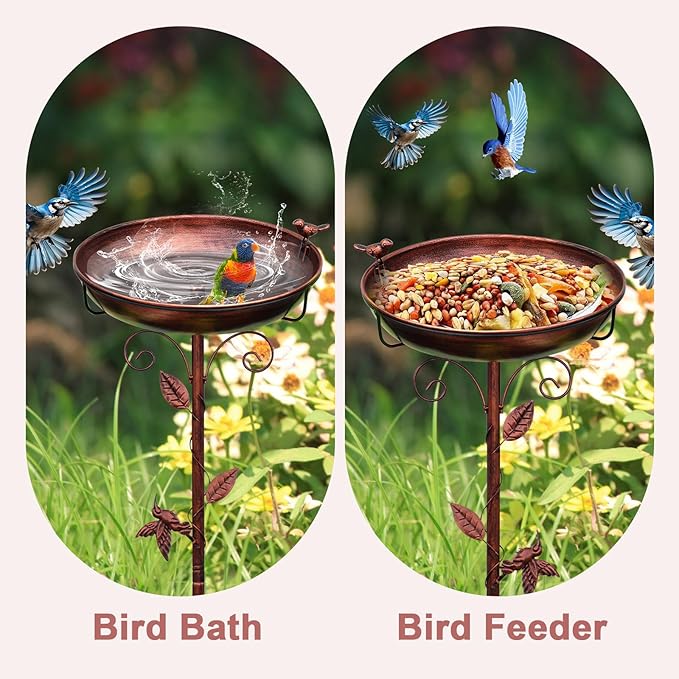 Bird Bath for Outside, 2 Bird Decor, Hummingbird on Pole & Sparrow on Bowl, 38.5 Inch Height Garden Birdbaths, 12 Inch Antique Bronze Freestanding Birdfeeder Bath for Yard Patio