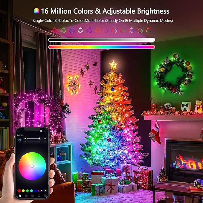 JMEXSUSS 100 LED Color Changing String Lights, 33ft Red White and Blue Lights with Remote & APP, Clear Wire Smart Twinkle Christmas Light Plug in for Daily Easter Independence Day Halloween Xmas