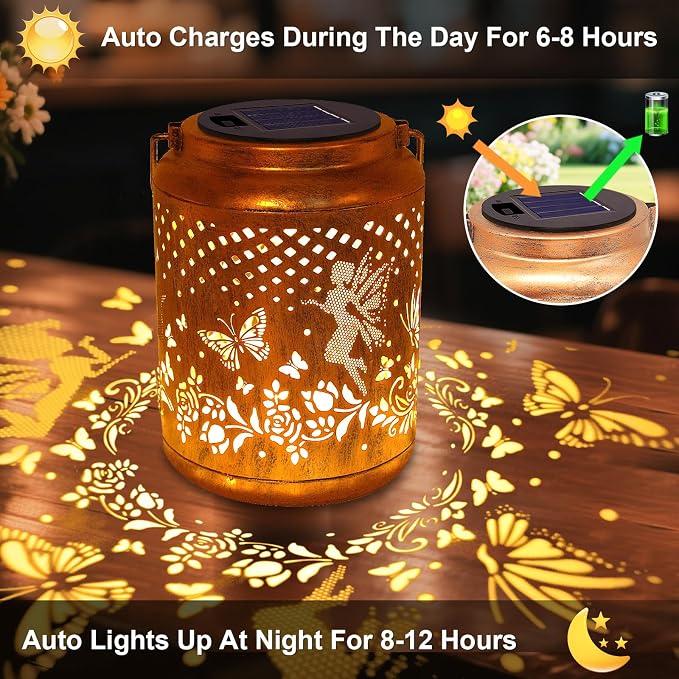 Solar Lanterns Outdoor Hanging Lantern Lights, Fairy Butterfly Metal Garden Decor Waterproof Solar Lights LED Decorative Outside for Garden Yard Patio Lawn Porch, Mothers Day Gifts for Women Mom