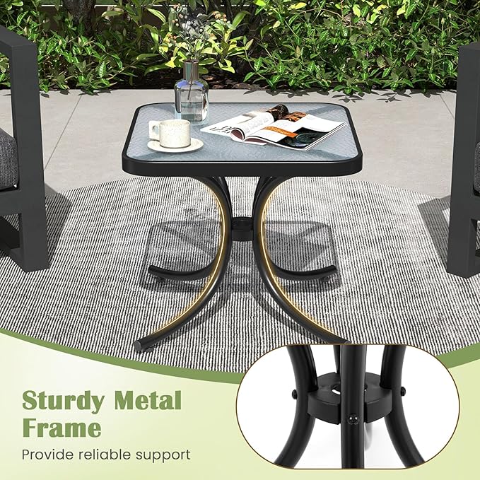 Giantex Small Outdoor Side Table with Tempered Glass Top, Heavy-Duty Metal Frame, 110 Lbs Capacity, Square Patio Table for Balcony, Porch, Backyard, Deck, Black