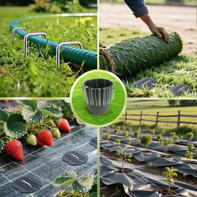 6 Inch Landscape Staples Set, 11 Gauge Galvanized U-Shaped Garden Stakes (100 Pack) with Gaskets, Hook Tool & Rubber Mallet for Weed Fabric & Landscaping