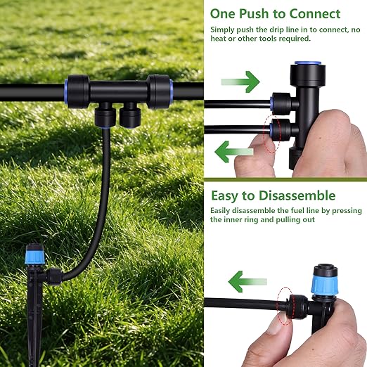 230FT Garden Irrigation System with 40 Nozzles & Emitters, Automatic Watering System with 1/2" & 1/4" Tube and Barbed Fittings, for Raised Beds, Greenhouse, Lawn