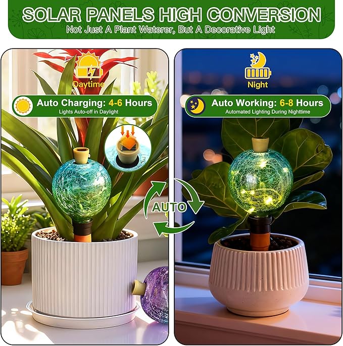SAVENNA Crackle Glass Plant Watering Globe with Terracotta Spike,Self-Watering Irrigation for Potted Plants, with Solar Accent Light for Indoor & Outdoor Décor, 17oz, Blue–Green Gradient