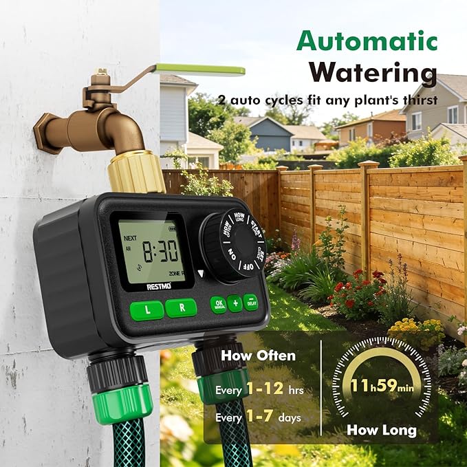 RESTMO 2 Zone Programmable Sprinkler Timer for Outdoor Hose Faucet, Automatic Irrigation Timer with Brass Inlet & Large Dial, Rain Delay, 11h59m Max Run Time, for Garden Soaker Hose, Lawn Watering