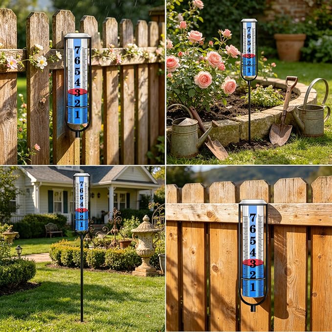 Rain Gauge Outdoor, Rain Gauges Outdoors Best Rated, Accurate Rain Measure Gauge for Garden, Thickened Tube Rain Meter with Stake, Adjustable Height & Large Font Water Gauge for Rain, Easy to Read
