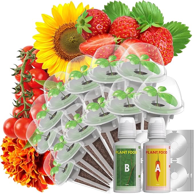 LYKOCLEAN Flower Fruit Seed Pods for AeroGarden, Ahopegarden, iDOO Hydroponics Growing System Indoor, 350 Seeds+ Including Dwarf Sunflower Bambino, Marigold, Red Tomato, Red Strawberry (12-Pods)