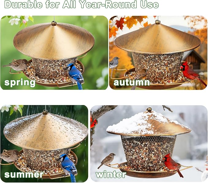 Metal Bird Feeder for Outdoor Hanging, Heavy Duty Waterproof Bird Feeder for Outside with 9.8" Roof, 3.5 LBs Seeds Capacity, Easy to Fill & Clean