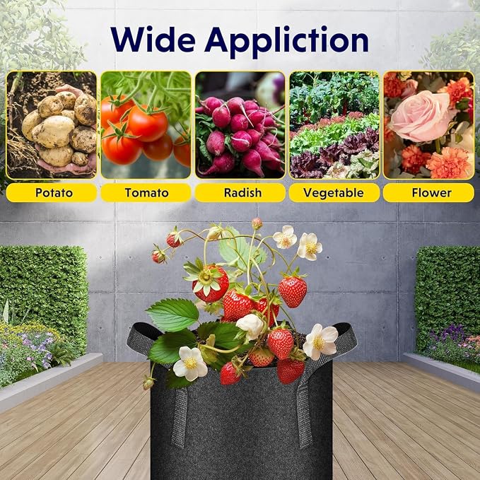 iPower 10 Gallon 5 Pack Grow Bags Nonwoven Fabric Pots Aeration Container with Strap Handles for Garden and Planting, 5-Pack Black, 10 Gallon