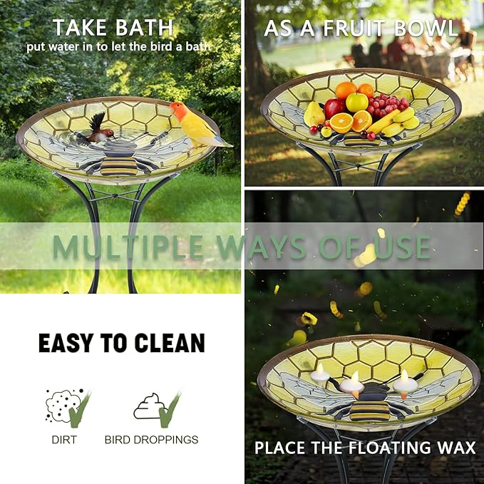 MUMTOP Bird Baths for Outdoors - Bee Large Glass BirdBath Bowl with Metal Stand, Outdoor Garden BirdBaths for Outside Lawn Yard Decor